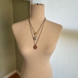 Lucky Brand 3 layer necklace. Hammered discs in gold/silver and pink stone disk
